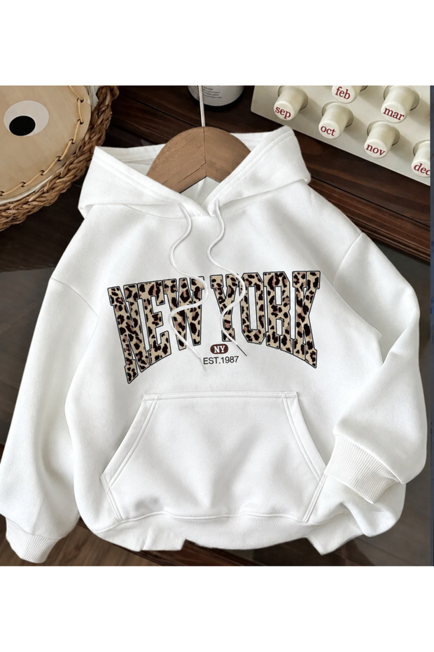 Unisex White Leopard New York Printed Hooded Sweatshirt Printed Premium Oversize T-Shirt