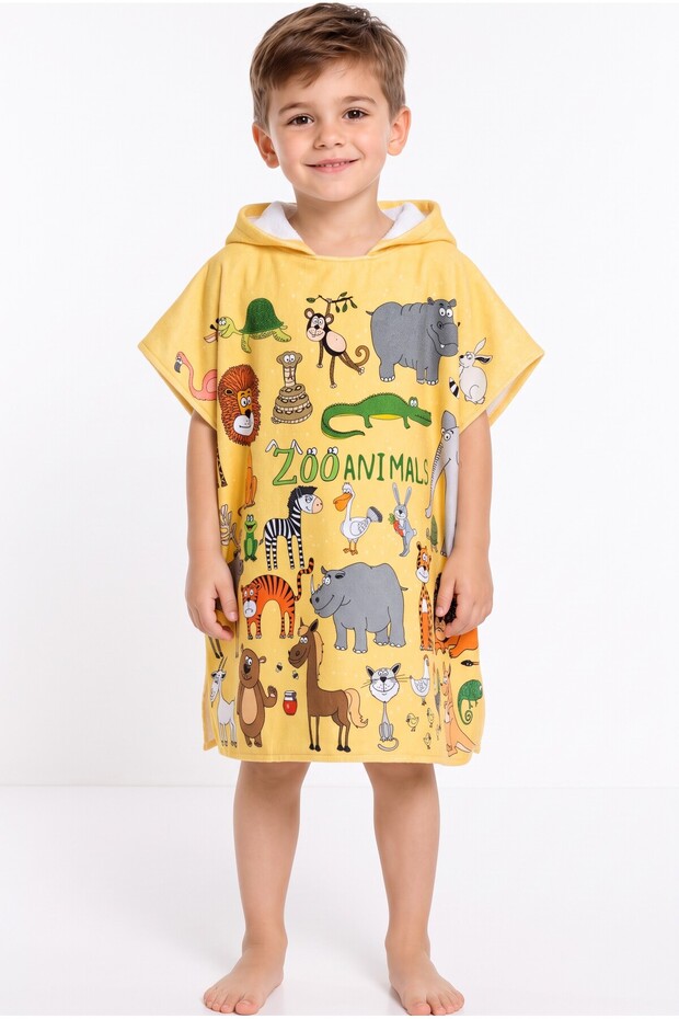 Boy's Zoo Patterned Hooded Beach Towel Poncho 2-8 Years 60X60 cm Sea Pool Bath Poncho