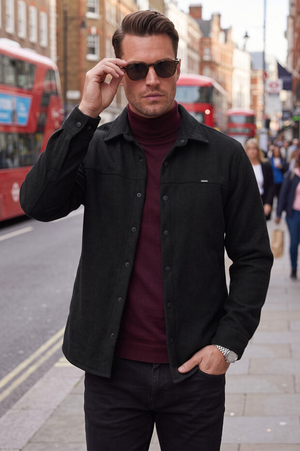 Men's Black Stretch Fabric Comfortable Fit Pocketless Cashmere Jacket – Snap Fastener, Flexible Stylish Model Jacket 0760