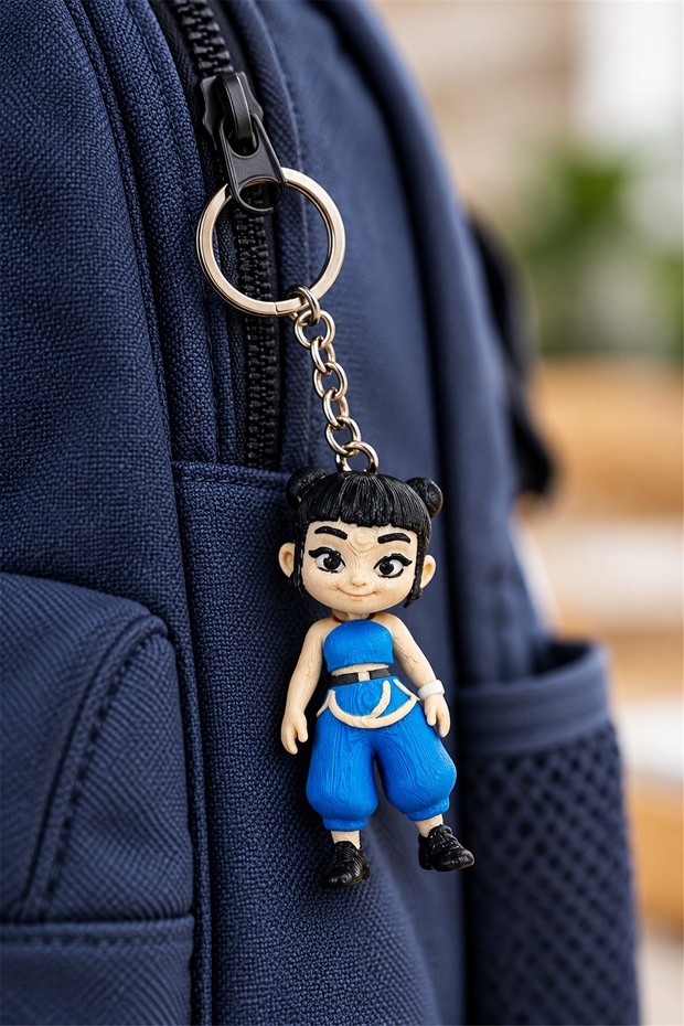 3D Printed Girl Figure Keychain with Blue Dress Bag Ornament