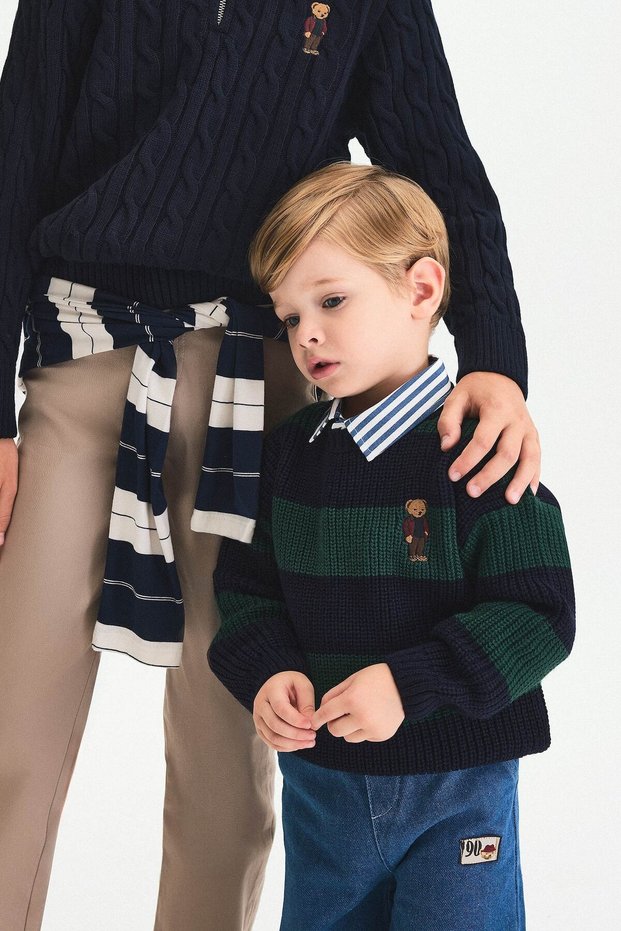 Oversized Striped Teddy Bear Embroidered Knit Sweater for Baby Boy I1870A526WN