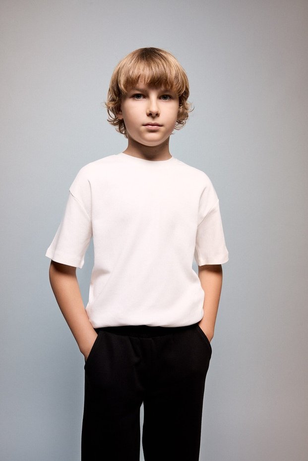 100% Cotton Oversized Crew Neck Short Sleeve Ecru T-Shirt for Boys G6486A826Sm
