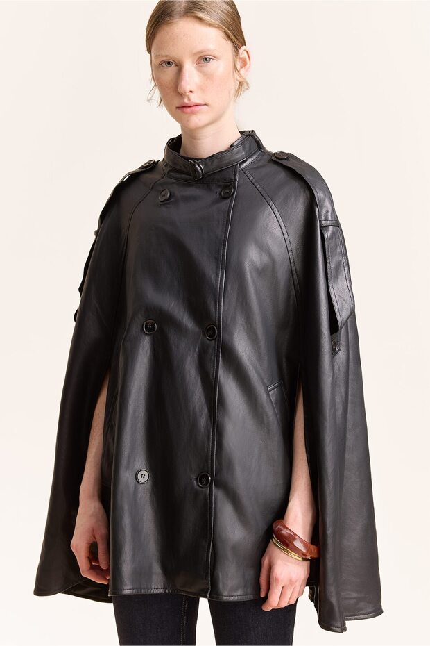 Leather Look A-Line High-Neck Double-Breasted Buttoned Cape Coat I2469Ax26Au
