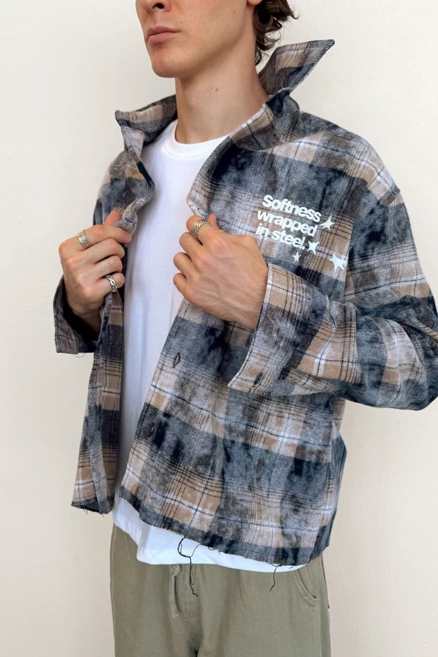 Men's Boxy Fit Washed Plaid Printed Flannel Shirt Smoked