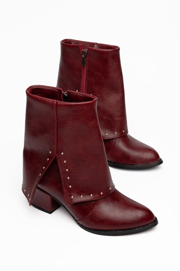 Women's Pointed Toe Burgundy Leather Detailed Heeled Boots