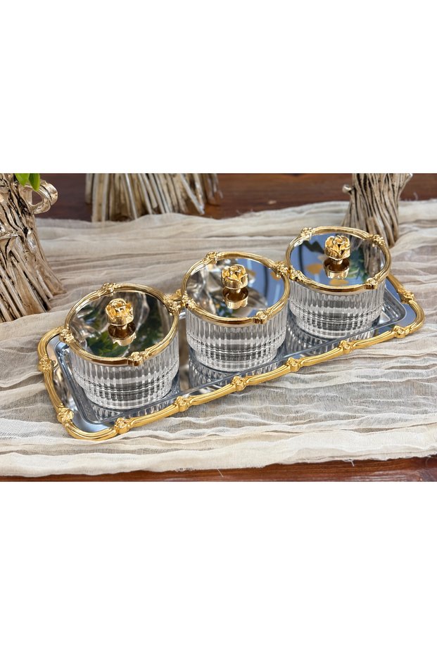 Tray with Rose-Framed Silver-Gold Bowl Set & Sugar Bowl & Serving Dish & Nut Bowl 34 cm Tray