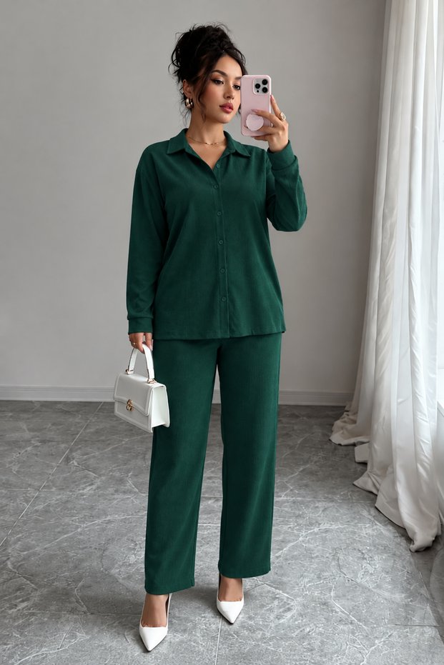 Crinkle Fabric Shirt Collar Buttoned Top and Bottom Set Suitable for Modest Wear 2XL 6XL