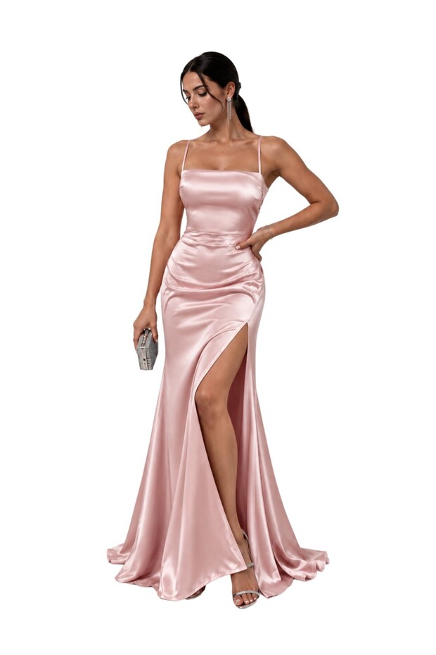 Vs-1240 Leia Powder Pink Satin Slit Maxi Dress with Thin Straps