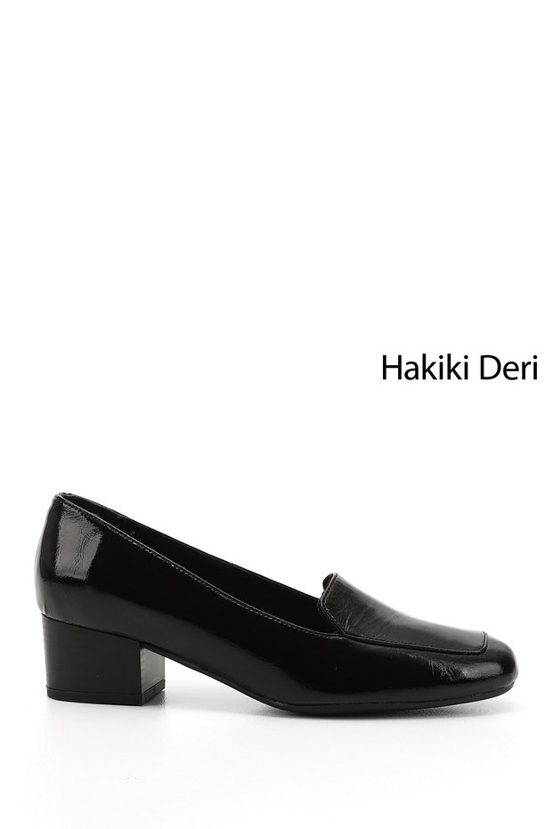 Women's Black Patent Leather Blunt Toe Short Thick Heeled Genuine Leather Shoes