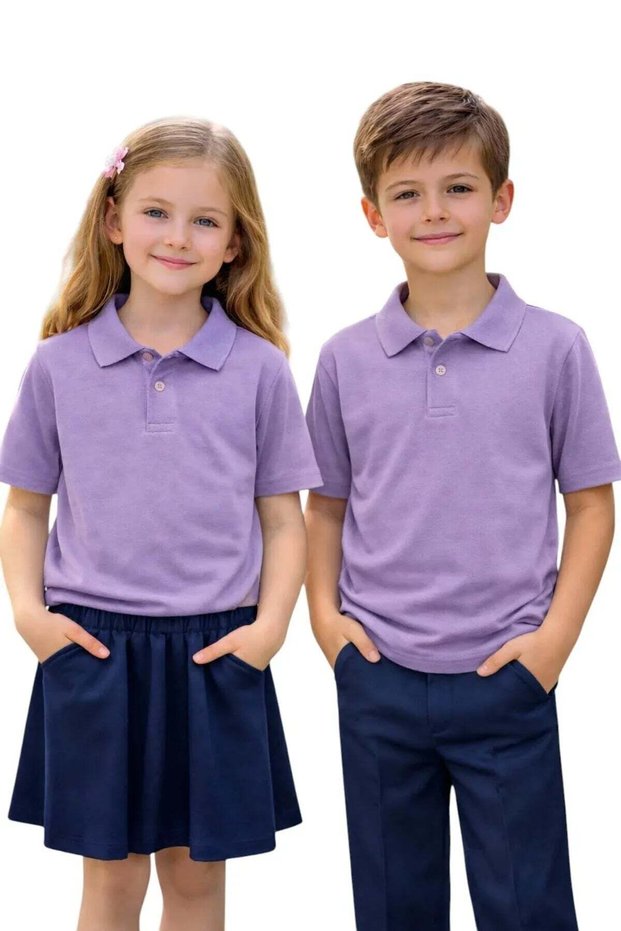 Unisex Girls Boys Polo Collar Cotton Short Sleeve Lilac Daily Basic School T-Shirt