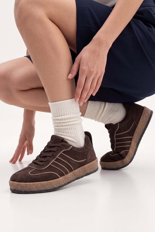 Women's Retro Sneaker Suede Look Lace-Up Casual Sports Shoes Veyran Brown Suede