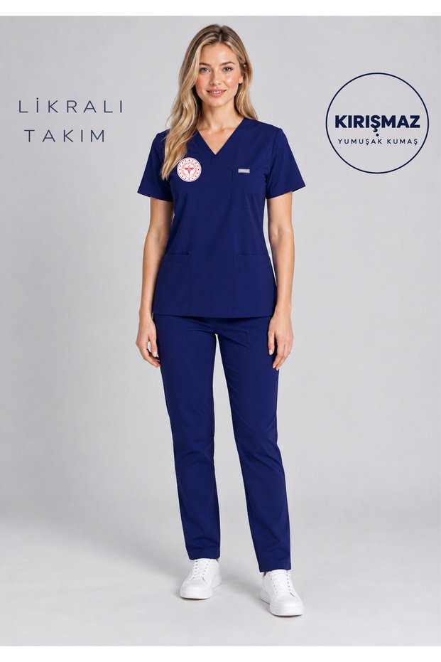 Patriot Blue Bat Sleeve Logo Lycra Team Nurse Uniform | Compliant with the Ministry of Health Regulation