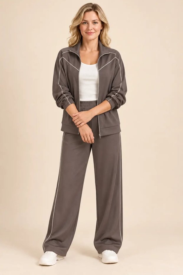 Women's Coffee Stripe Detailed Zippered Oysho Jacket Wide Leg Pants Double Set Hzl28W-Wm568