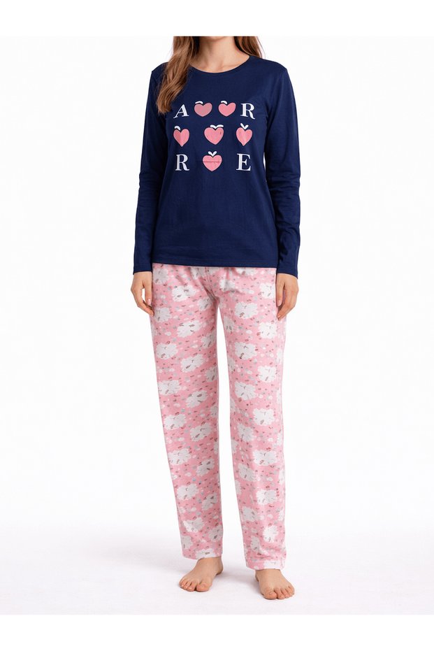Kuzucuk Patterned Long Sleeve Pajama Set - 2899 - Navy Blue & Pastel Pink