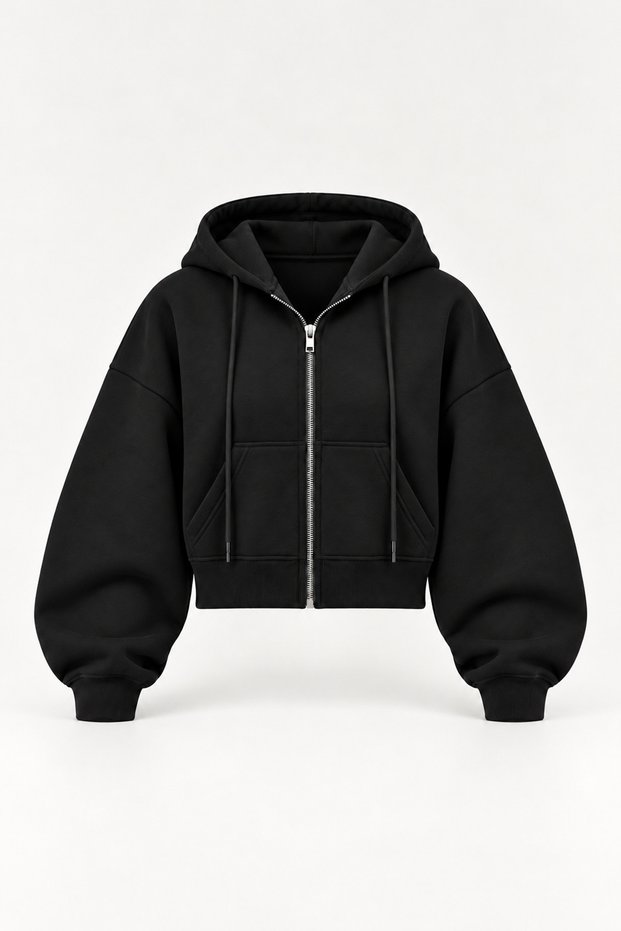 Black 3 Threaded Iron Zipper Oversize Waist Length Sweatshirt