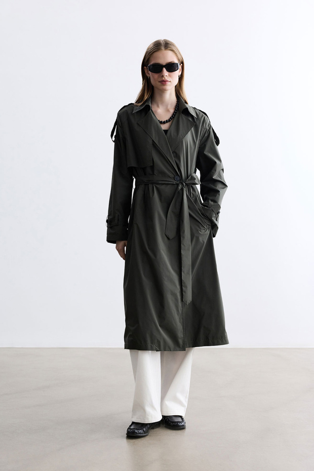 Khaki Technical Fabric Trench Coat