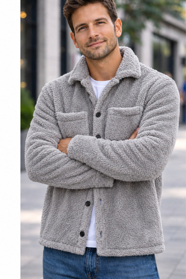 Men's Gray Oversize Plush Shirt Jacket – Oversize Double Pocket Buttoned Teddy Shirt