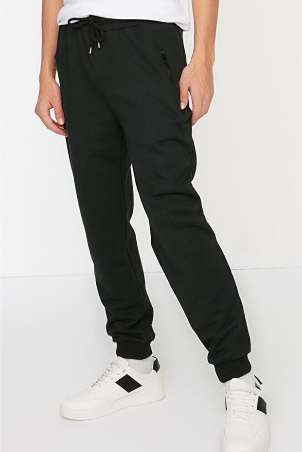 Men's Navy Blue Color Winter Sweatpants with Zipper Pockets and Inner Lining