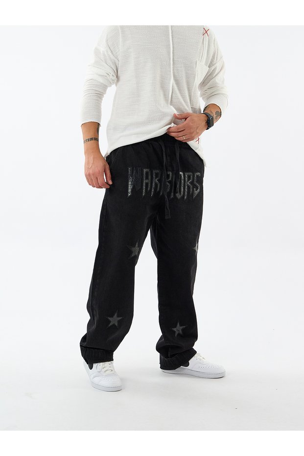 Black Warriors Star Detailed Men's Baggy Jean Trousers Coc3608