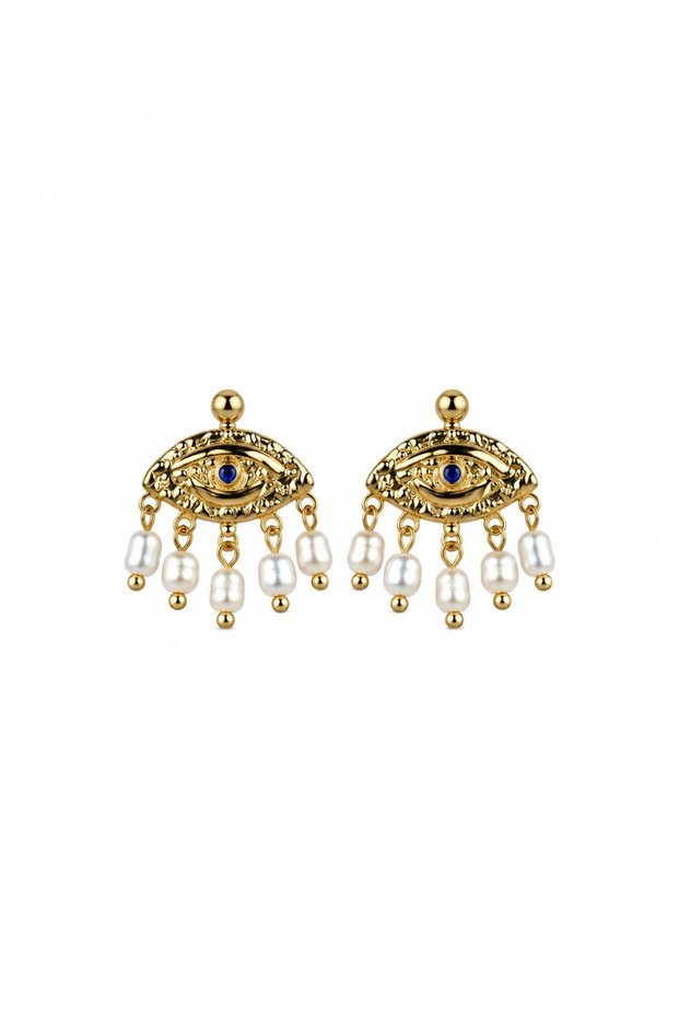 Gold Earrings with Eye Figure and Pearl Detail