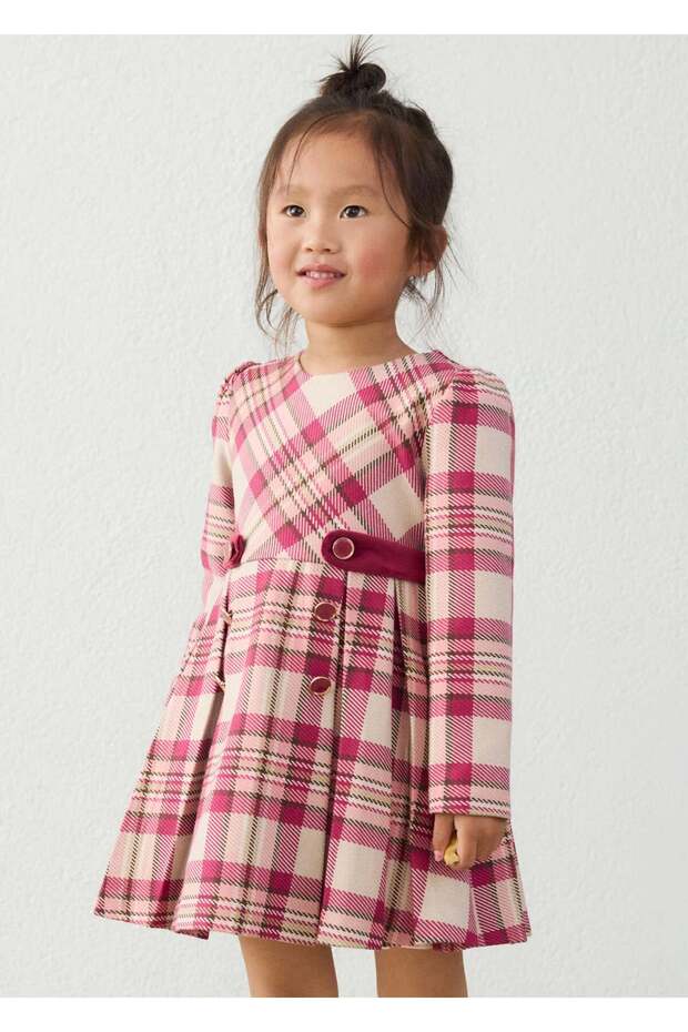 Girl's Plaid Checkered Winter Dress - Belt Detailed Pleated 4923 Red