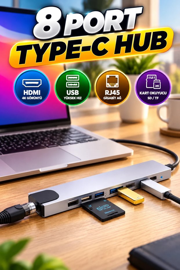 8 Port Type-C Hub – Multiplexer with Hdmi, Usb, Rj45 and Card Reader Connections