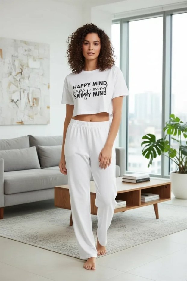 Women's White Printed Crop T-Shirt Pants Set Comfortable Daily Combination Set of 2