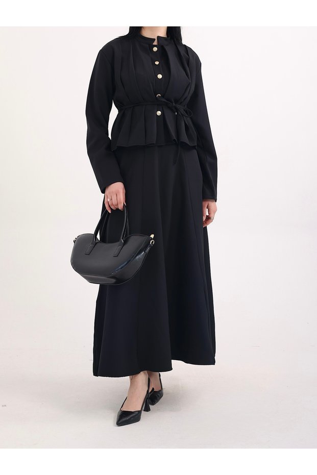 Shoulder Pleated Gold Buttoned Skirt Suit - Tbl - 22033 - Black