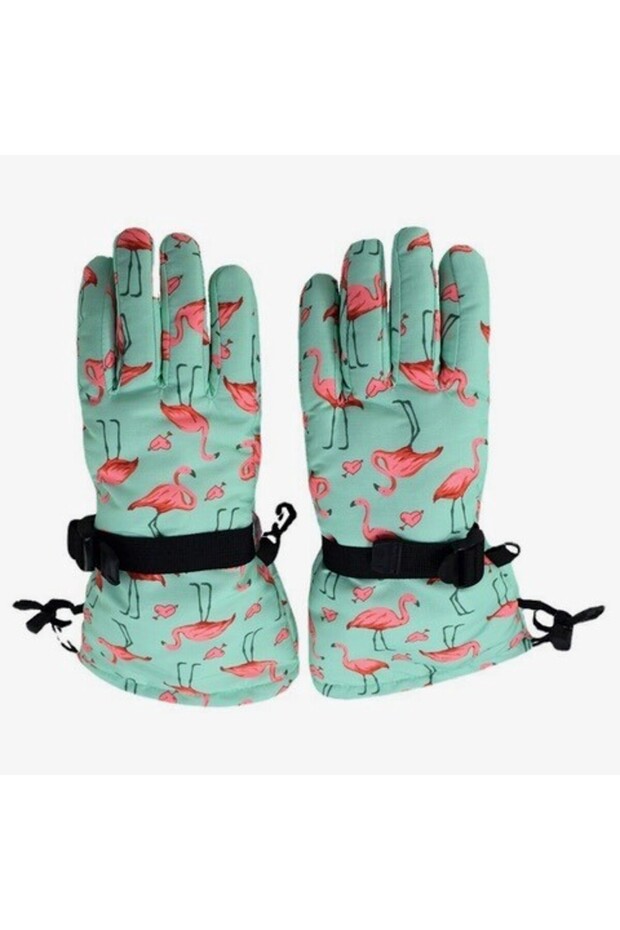 Waterproof Girls' Gloves Mint Pink Flamingo Patterned Ski Snowboard Gloves 5-10 Years Old