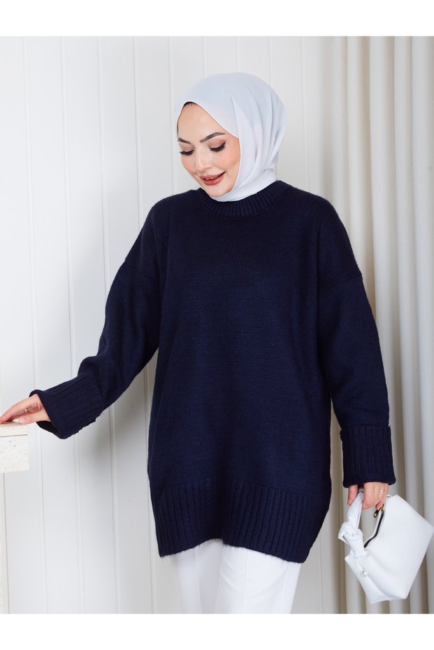 Women's Circular Neck Oversize Knitwear Tunic Sweater Tesettür