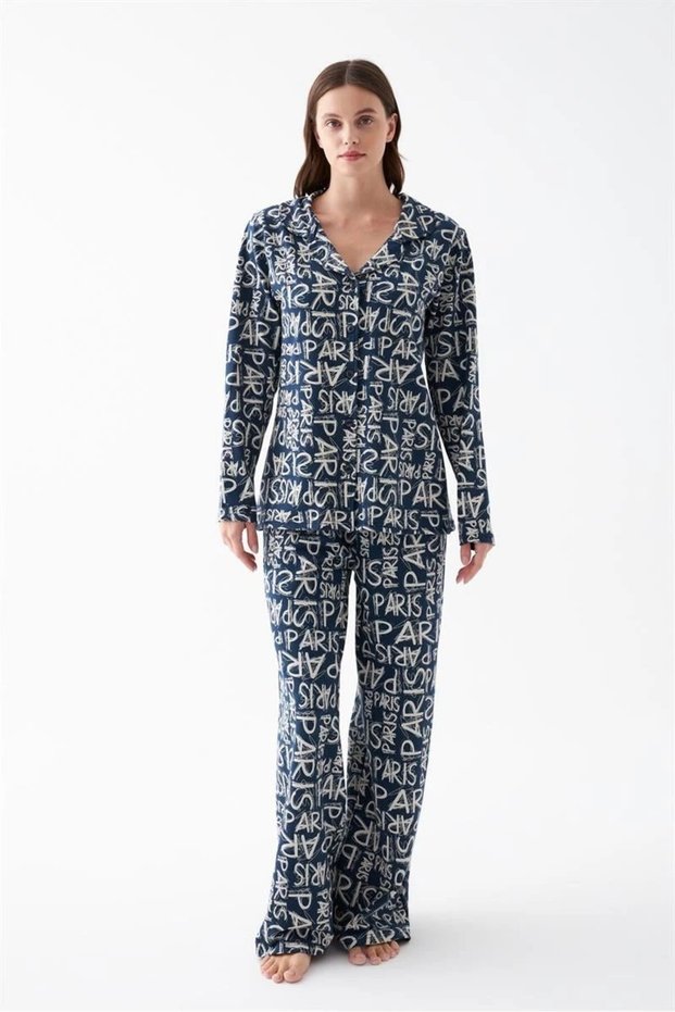 Women's Navy Blue "Paris" Letter Patterned Buttoned Cotton Pajama Set