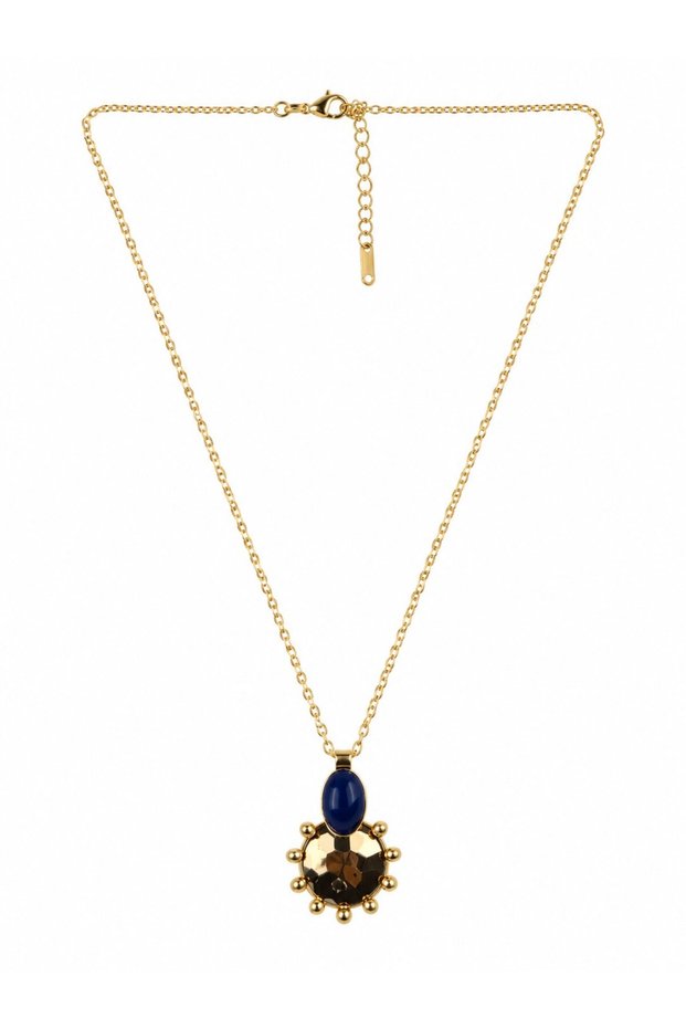 Navy Blue Stone Detailed Sun Patterned Gold Design Necklace