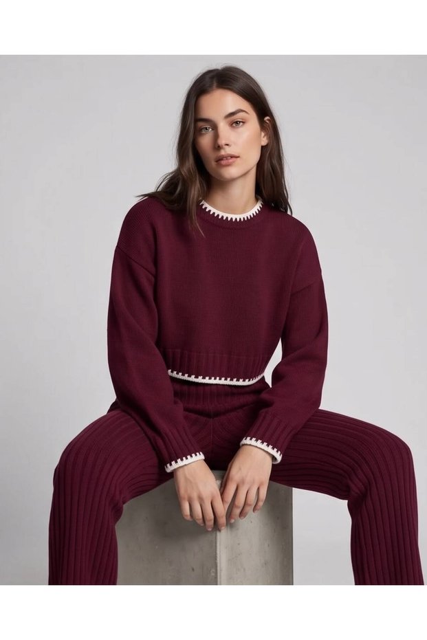 Women's Stripe Detailed Crop Sweater, Ribbed Trousers Knitwear Two-Piece Set