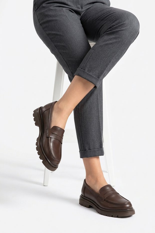 Selar belted genuine leather women's loafer ballerina coffee skin