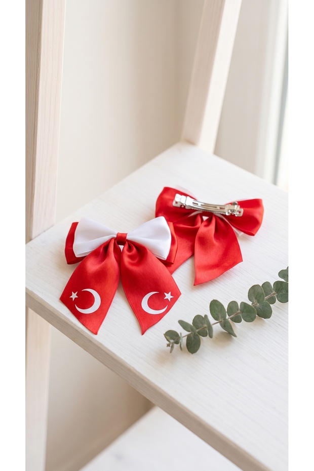 29 October Republic Day Themed Turkish Flag and Red White Satin Bow Clip Hairpin (1 Piece)
