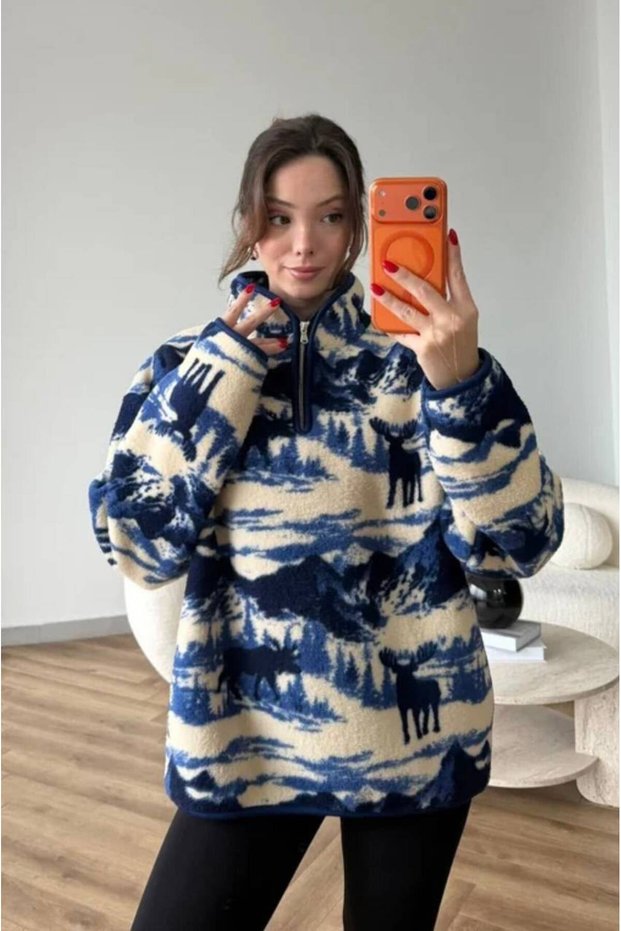 Women's Blue Patterned Half-Zip Fleece Sweatshirt