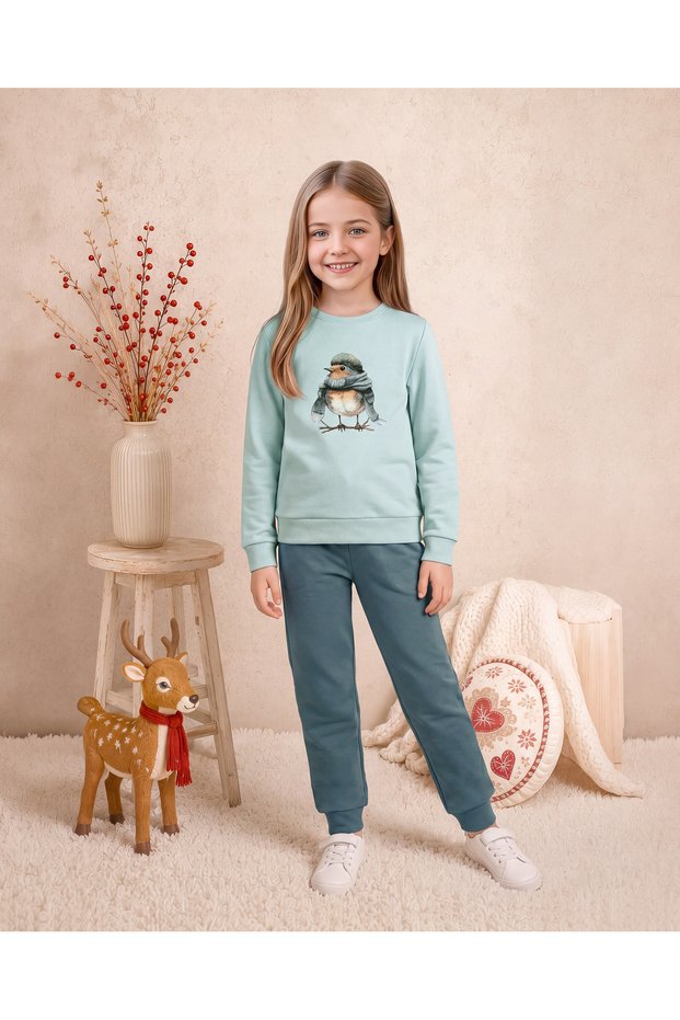 Girls & Baby Interlock Cute Bird Printed Ribbed Long Sleeve Pajama Set with Pockets Blue