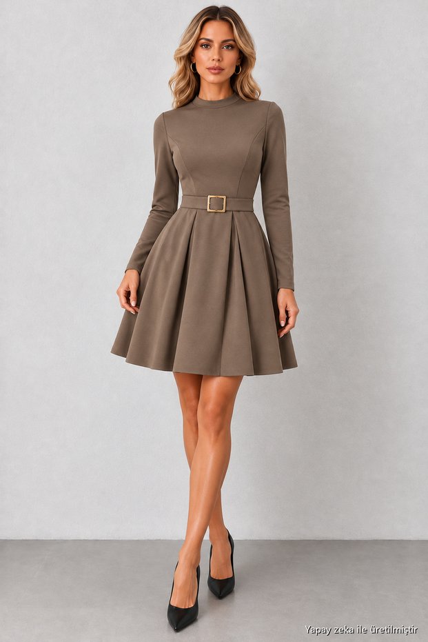 Women's Long Sleeve Half Turtleneck Draped Short Modal Dress with Waist Buckle Stylish Casual Office and Timeless Elegance Dress