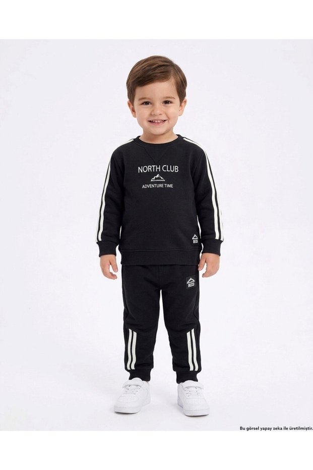Boys' Winter 3-Thread Ribbed Print Detailed Thick Tracksuit Set for Ages 2-3-4-5-6
