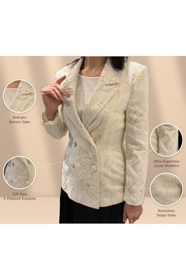 Women's Beige 4-Button Blazer Jacket with Embossed Floral Motif - Double-Breasted Lined Jacket with Gold Motif Linen Textured Stylish Jacket
