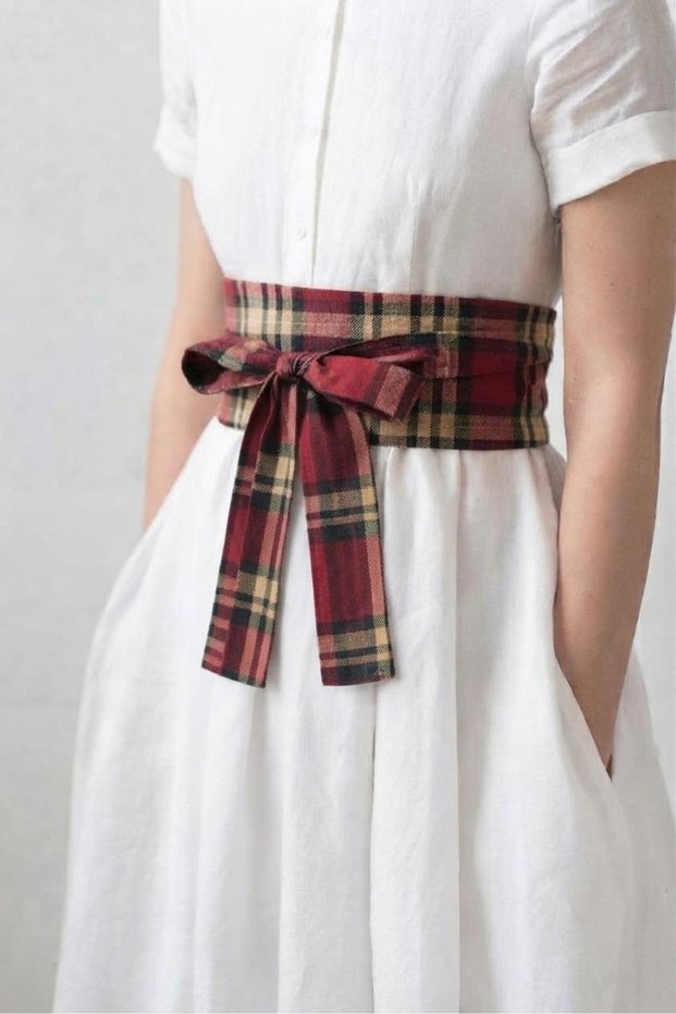 Women's Plaid Patterned Tied Fabric Belt Dress and Tunic Waist Belt