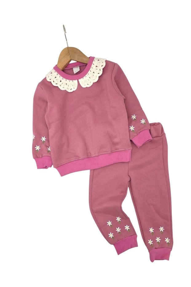 Girl's Winter 3-Strand Ruffled Daisy Detailed, Collared, Thick Tracksuit Set for Ages 2-3-4-5-6