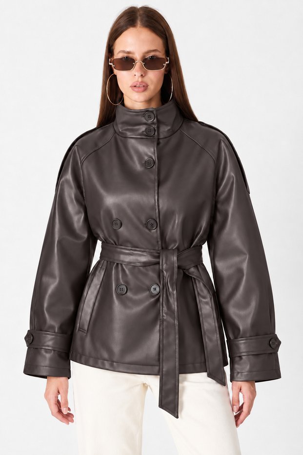 Women's Stand Collar Belted Double Button Leather Jacket Trench Coat