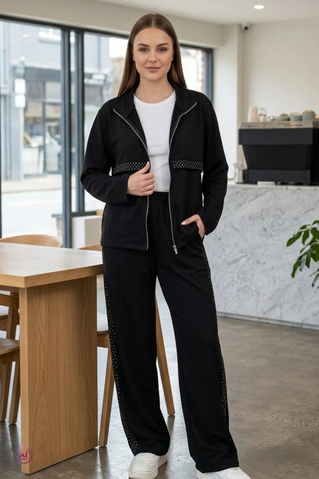 Women's black zippered crystal stone double tracksuit set
