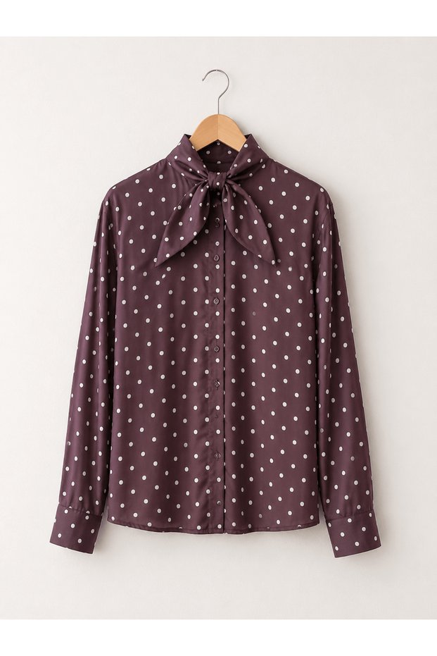 Polka Dot Satin Shirt with Bow Collar - 0120 - Plum