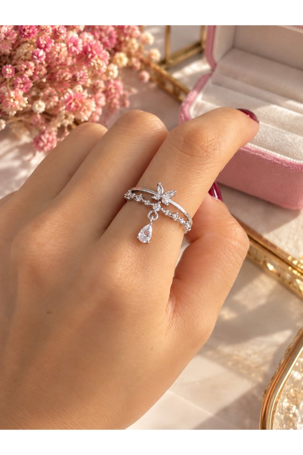 Elegant Butterfly Detailed Dangle Drop Stone Silver Color Women's Ring – Sparkling Stylish Design
