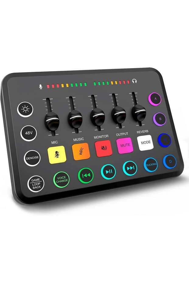 خلاط صوتي للألعاب، خلاط صوتي للكمبيوتر مع إضاءة RGB للبث المباشر، واجهة ميكروفون XLR، تحكم فردي في مستوى الصوت