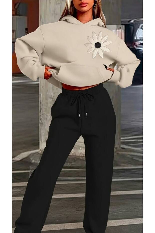 Women's Stylish Floral Printed Top and Bottom Set Trendy Hooded Hoodie Sweatshirt Comfortable Fit Casual Sports