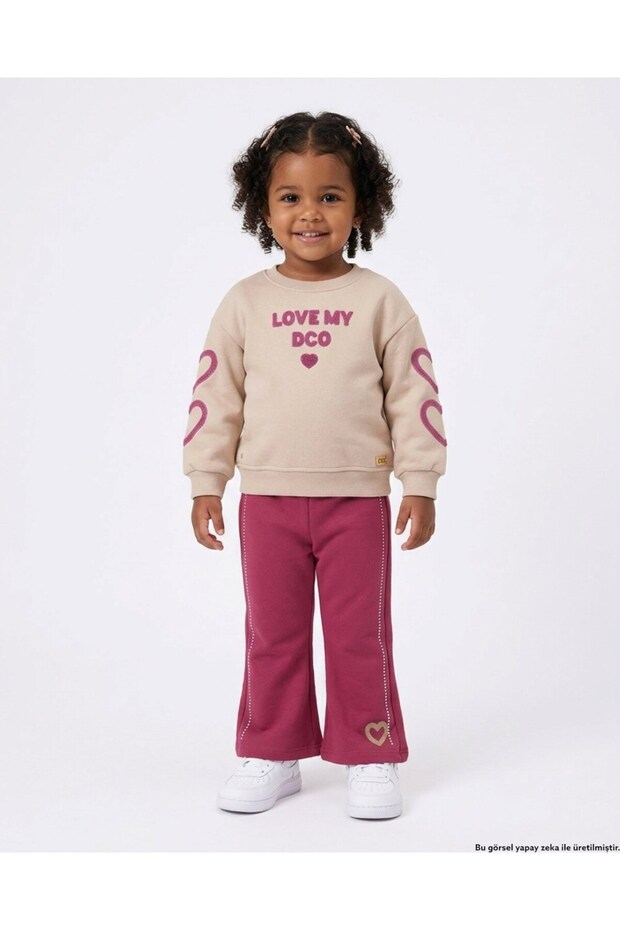 Girl's Winter 3-Strand Ribbon Heart Detailed, Collared, Thick Tracksuit Set for Ages 2-3-4-5-6