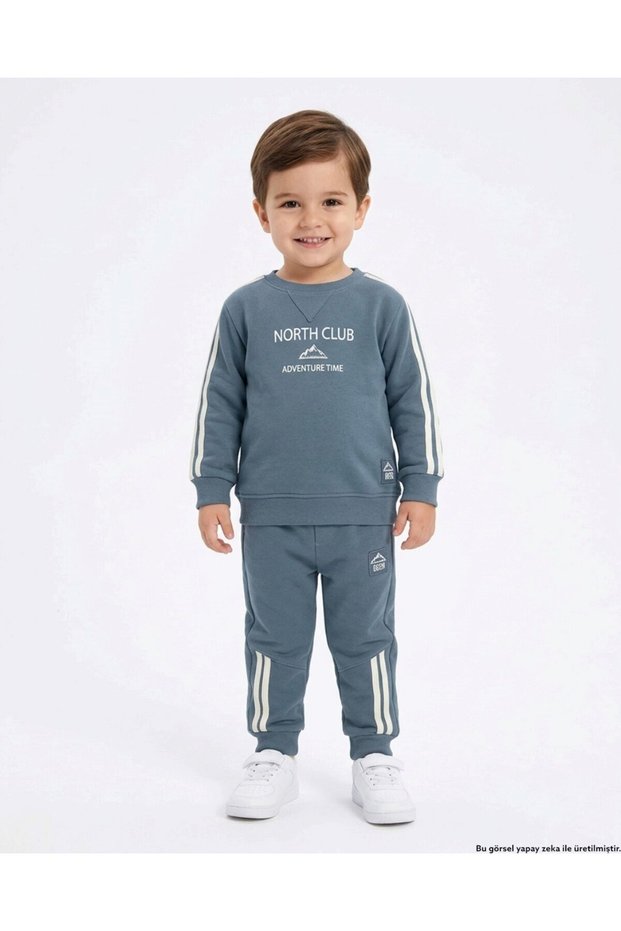 Boys' Winter 3-Thread Ribbed Print Detailed Thick Tracksuit Set for Ages 2-3-4-5-6